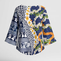 Hawaiian Plumeria Lei Kimono Sleeve Blouse Kakau Motifs and Palaka Half Style Blue Color - Polynesian Pride