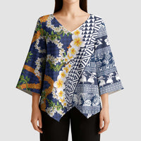 Hawaiian Plumeria Lei Kimono Sleeve Blouse Kakau Motifs and Palaka Half Style Blue Color - Polynesian Pride