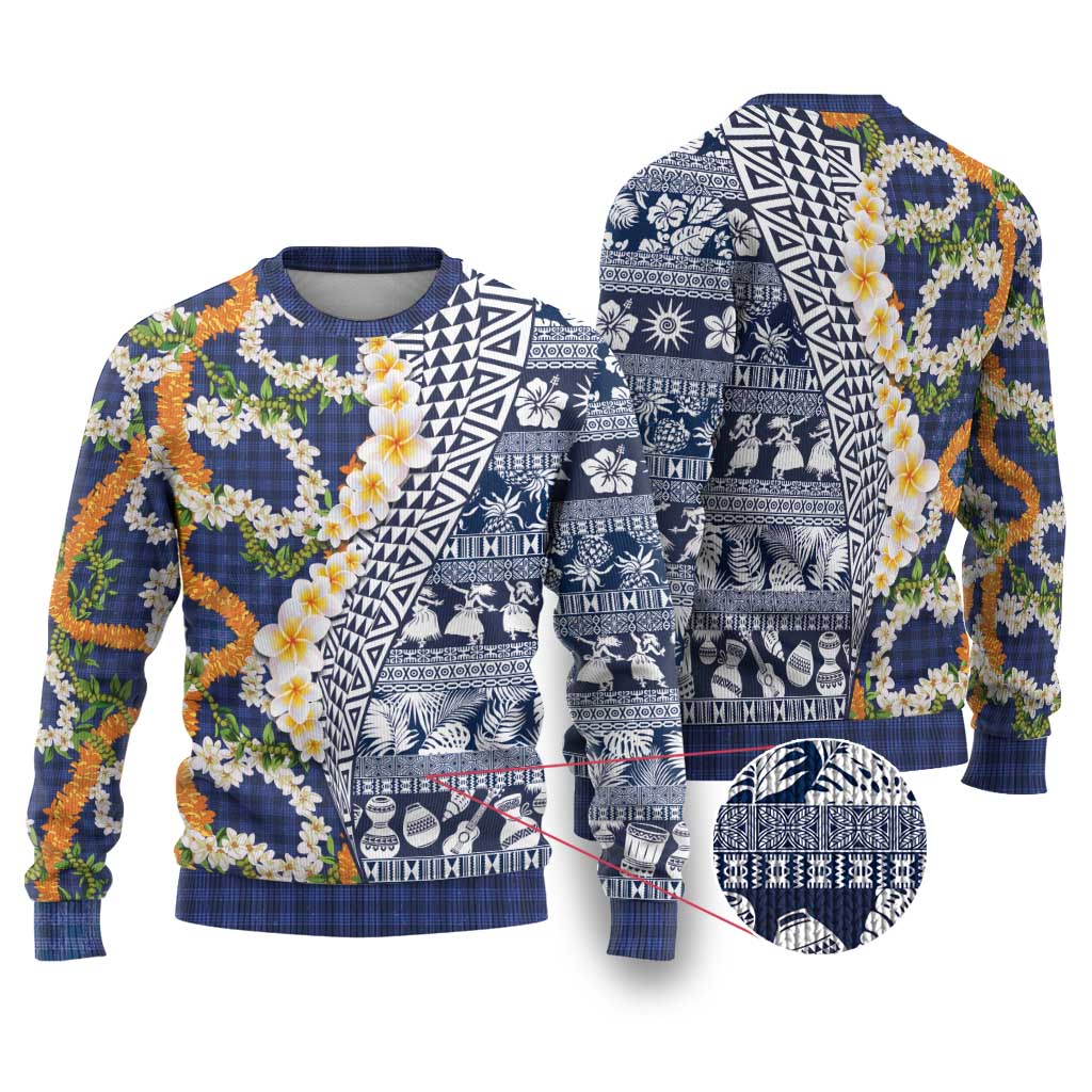 Hawaiian Plumeria Lei Ugly Christmas Sweater Kakau Motifs and Palaka Half Style Blue Color - Polynesian Pride