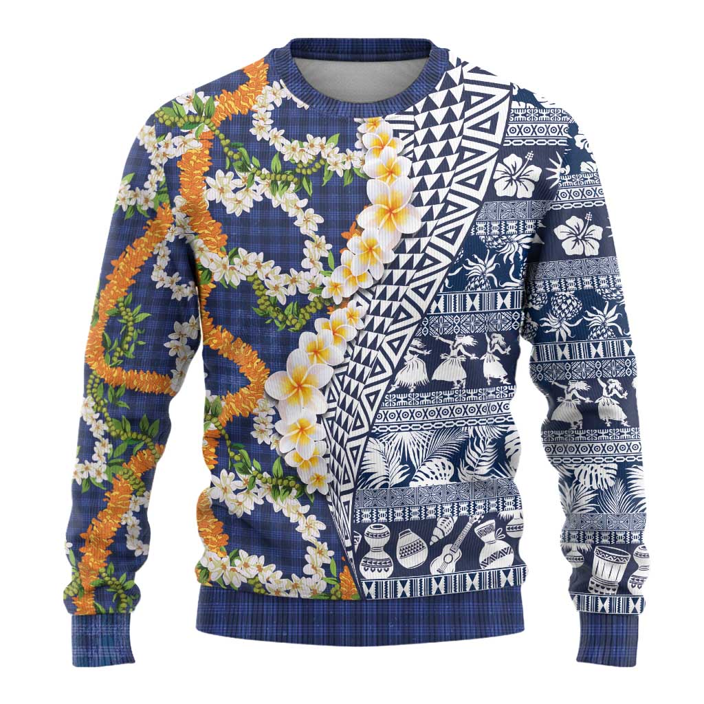 Hawaiian Plumeria Lei Ugly Christmas Sweater Kakau Motifs and Palaka Half Style Blue Color - Polynesian Pride