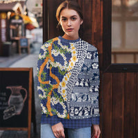 Hawaiian Plumeria Lei Ugly Christmas Sweater Kakau Motifs and Palaka Half Style Blue Color - Polynesian Pride