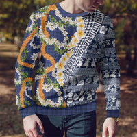 Hawaiian Plumeria Lei Ugly Christmas Sweater Kakau Motifs and Palaka Half Style Blue Color - Polynesian Pride