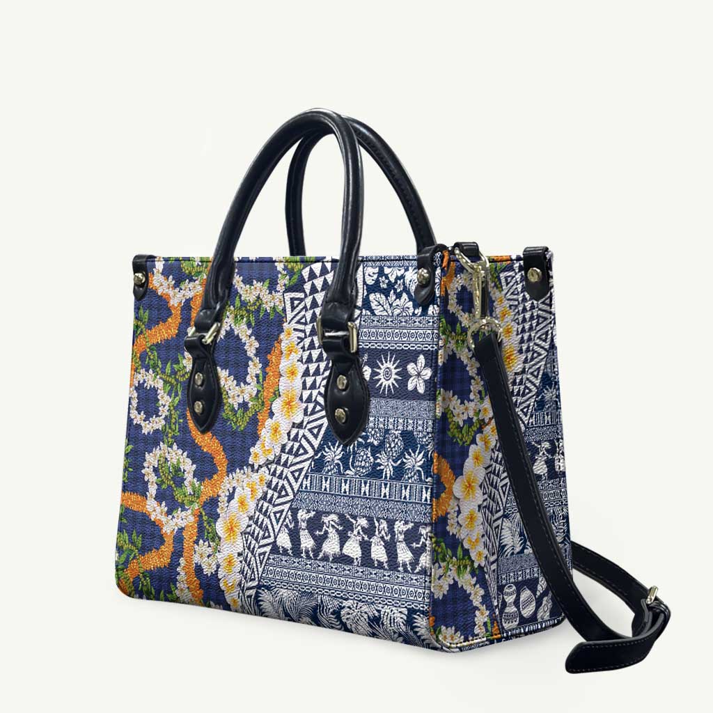 Hawaiian Plumeria Lei Leather Bag Kakau Motifs and Palaka Half Style Blue Color - Polynesian Pride