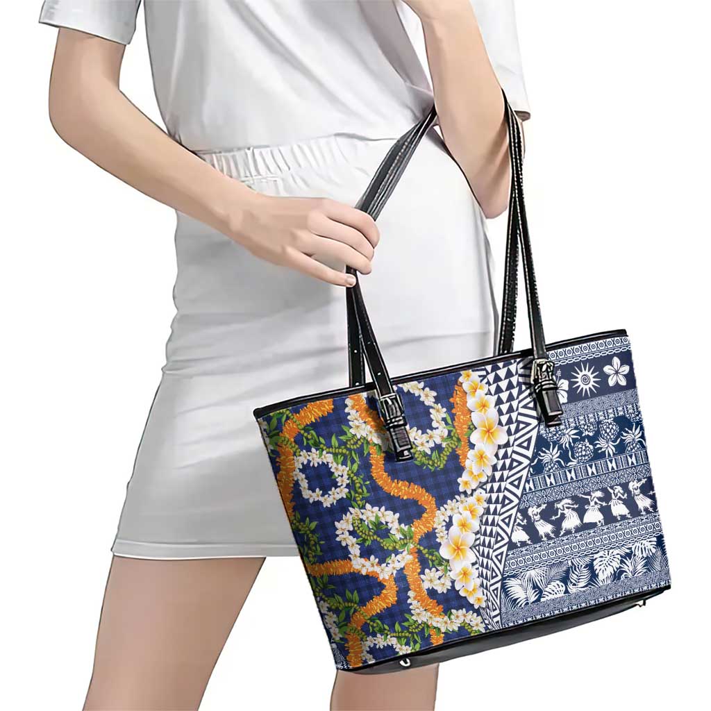 Hawaiian Plumeria Lei Leather Tote Bag Kakau Motifs and Palaka Half Style Blue Color - Polynesian Pride