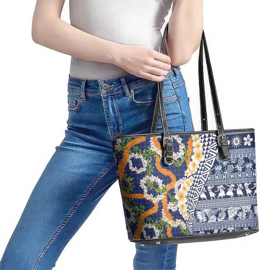 Hawaiian Plumeria Lei Leather Tote Bag Kakau Motifs and Palaka Half Style Blue Color - Polynesian Pride