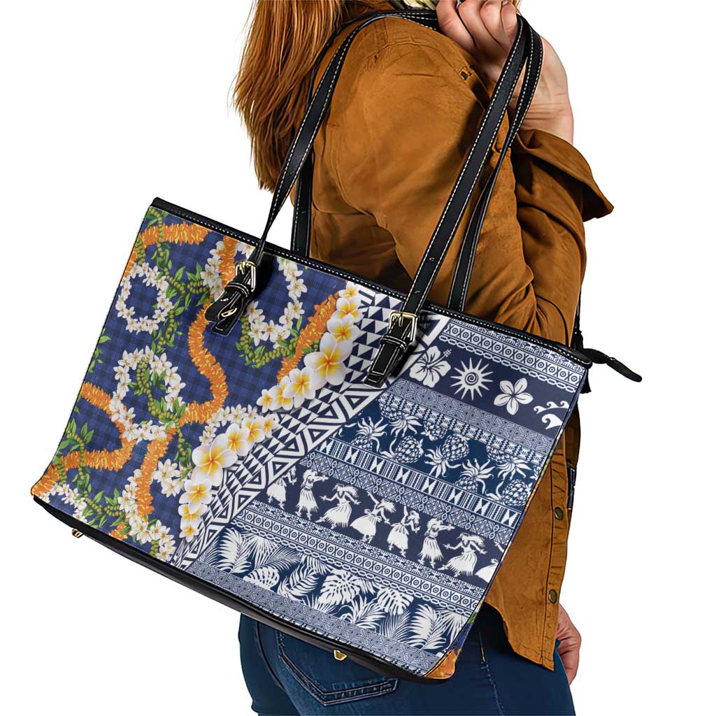 Hawaiian Plumeria Lei Leather Tote Bag Kakau Motifs and Palaka Half Style Blue Color - Polynesian Pride