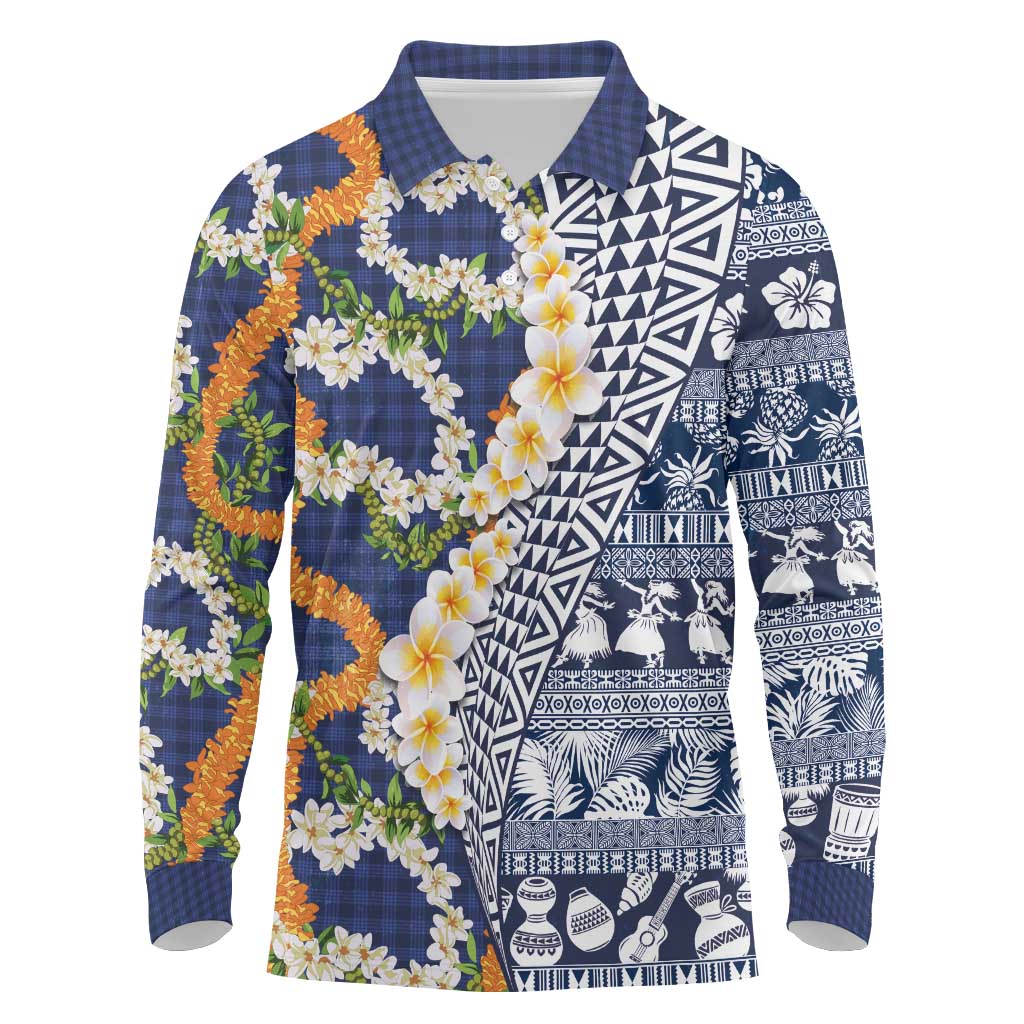 Hawaiian Plumeria Lei Long Sleeve Polo Shirt Kakau Motifs and Palaka Half Style Blue Color - Polynesian Pride