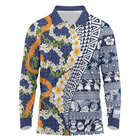 Hawaiian Plumeria Lei Long Sleeve Polo Shirt Kakau Motifs and Palaka Half Style Blue Color - Polynesian Pride