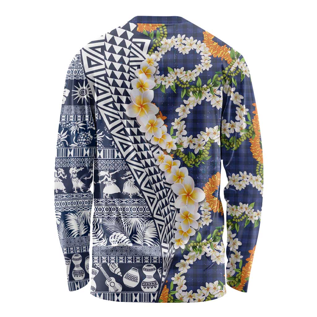 Hawaiian Plumeria Lei Long Sleeve Shirt Kakau Motifs and Palaka Half Style Blue Color - Polynesian Pride