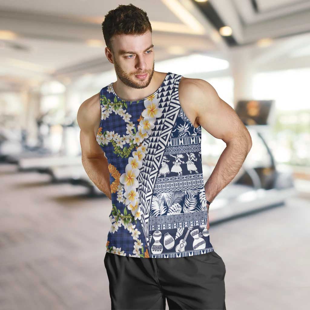 Hawaiian Plumeria Lei Men Tank Top Kakau Motifs and Palaka Half Style Blue Color - Polynesian Pride