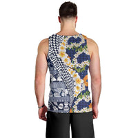 Hawaiian Plumeria Lei Men Tank Top Kakau Motifs and Palaka Half Style Blue Color - Polynesian Pride