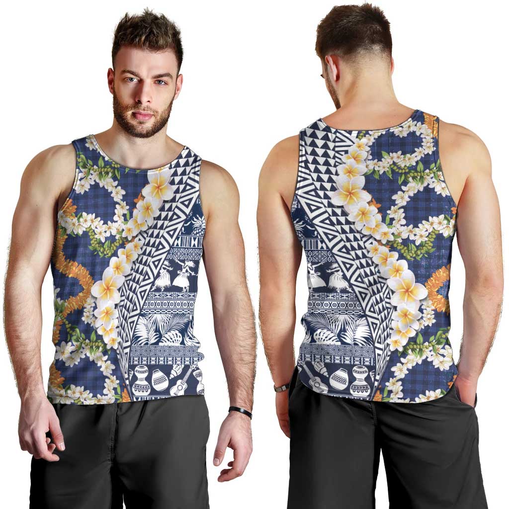 Hawaiian Plumeria Lei Men Tank Top Kakau Motifs and Palaka Half Style Blue Color - Polynesian Pride