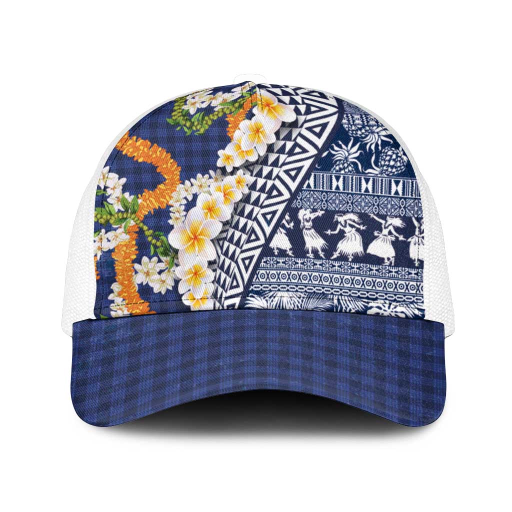 Hawaiian Plumeria Lei Mesh Trucker Cap Kakau Motifs and Palaka Half Style Blue Color - Polynesian Pride