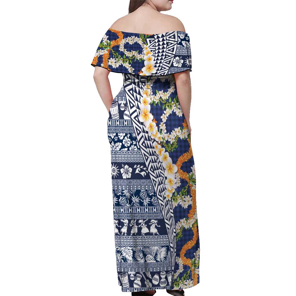 Hawaiian Plumeria Lei Off Shoulder Maxi Dress Kakau Motifs and Palaka Half Style Blue Color - Polynesian Pride