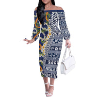 Hawaiian Plumeria Lei Off The Shoulder Long Sleeve Dress Kakau Motifs and Palaka Half Style Blue Color - Polynesian Pride