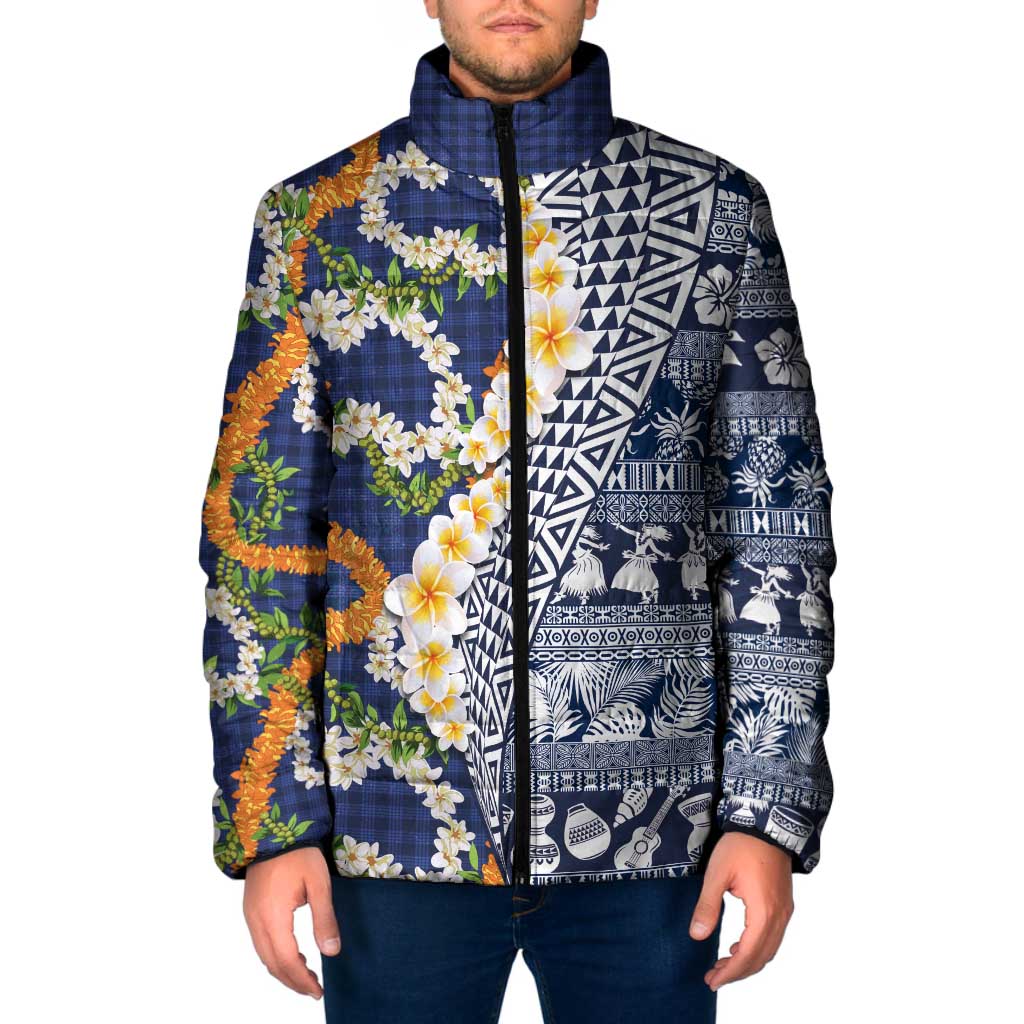 Hawaiian Plumeria Lei Padded Jacket Kakau Motifs and Palaka Half Style Blue Color - Polynesian Pride