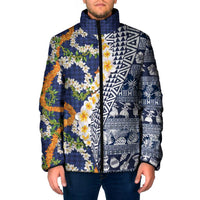 Hawaiian Plumeria Lei Padded Jacket Kakau Motifs and Palaka Half Style Blue Color - Polynesian Pride