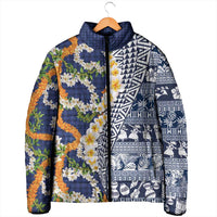 Hawaiian Plumeria Lei Padded Jacket Kakau Motifs and Palaka Half Style Blue Color - Polynesian Pride