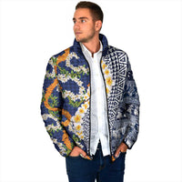 Hawaiian Plumeria Lei Padded Jacket Kakau Motifs and Palaka Half Style Blue Color - Polynesian Pride