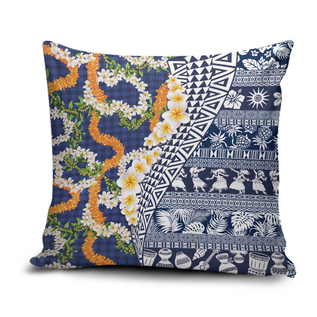 Hawaiian Plumeria Lei Pillow Cover Kakau Motifs and Palaka Half Style Blue Color - Polynesian Pride