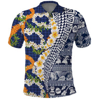 Hawaiian Plumeria Lei Polo Shirt Kakau Motifs and Palaka Half Style Blue Color - Polynesian Pride