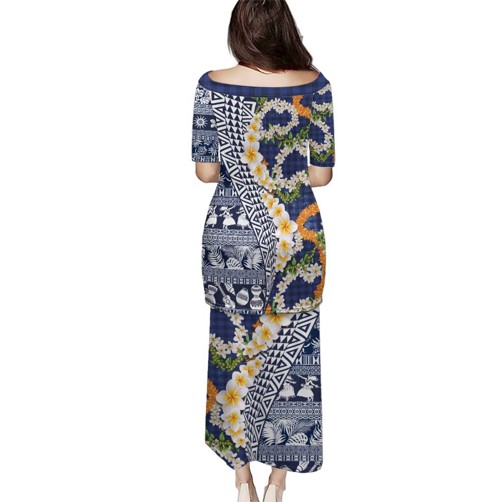 Hawaiian Plumeria Lei Puletasi Kakau Motifs and Palaka Half Style Blue Color - Polynesian Pride