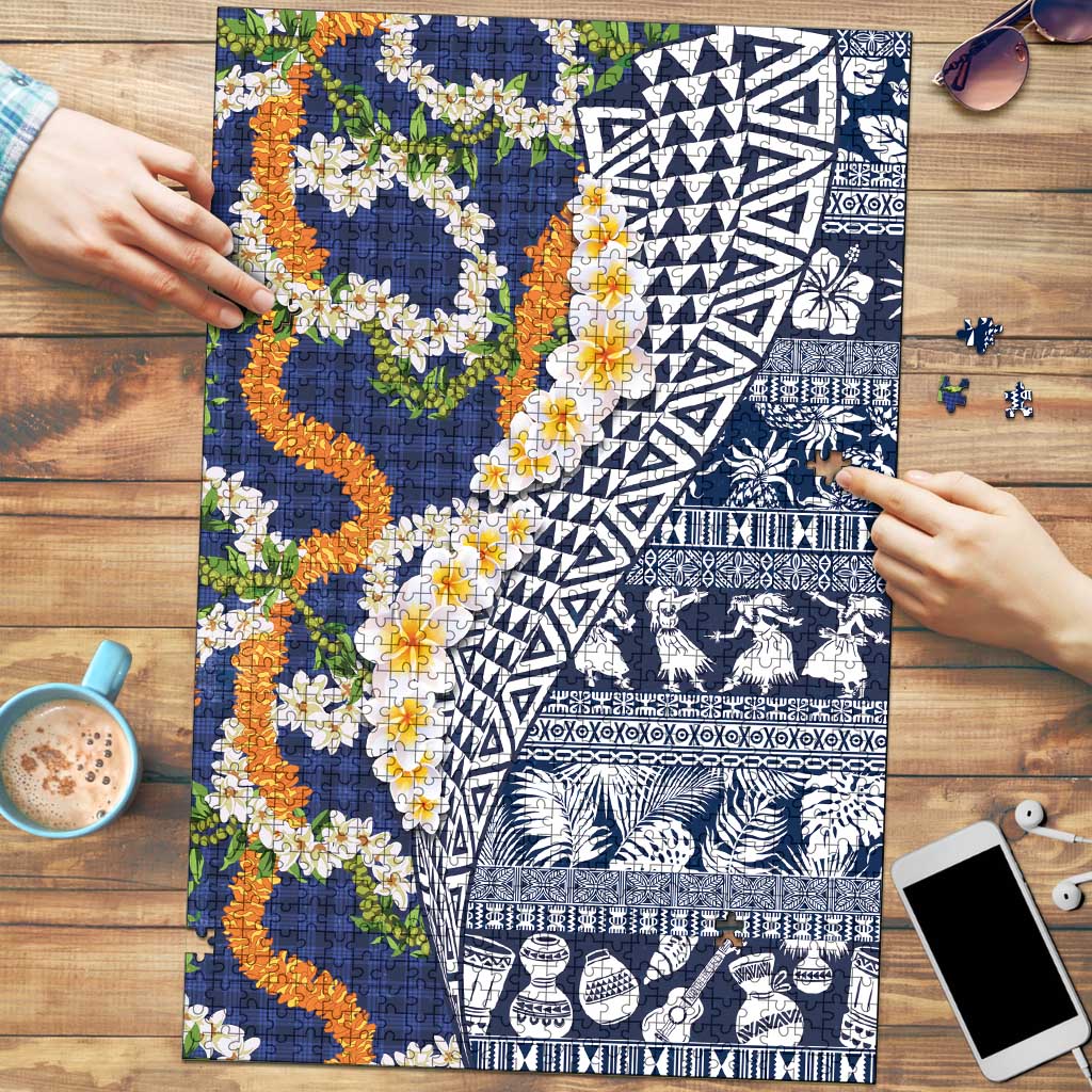 Hawaiian Plumeria Lei Puzzle Kakau Motifs and Palaka Half Style Blue Color - Polynesian Pride