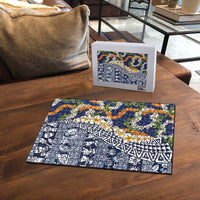 Hawaiian Plumeria Lei Puzzle Kakau Motifs and Palaka Half Style Blue Color - Polynesian Pride