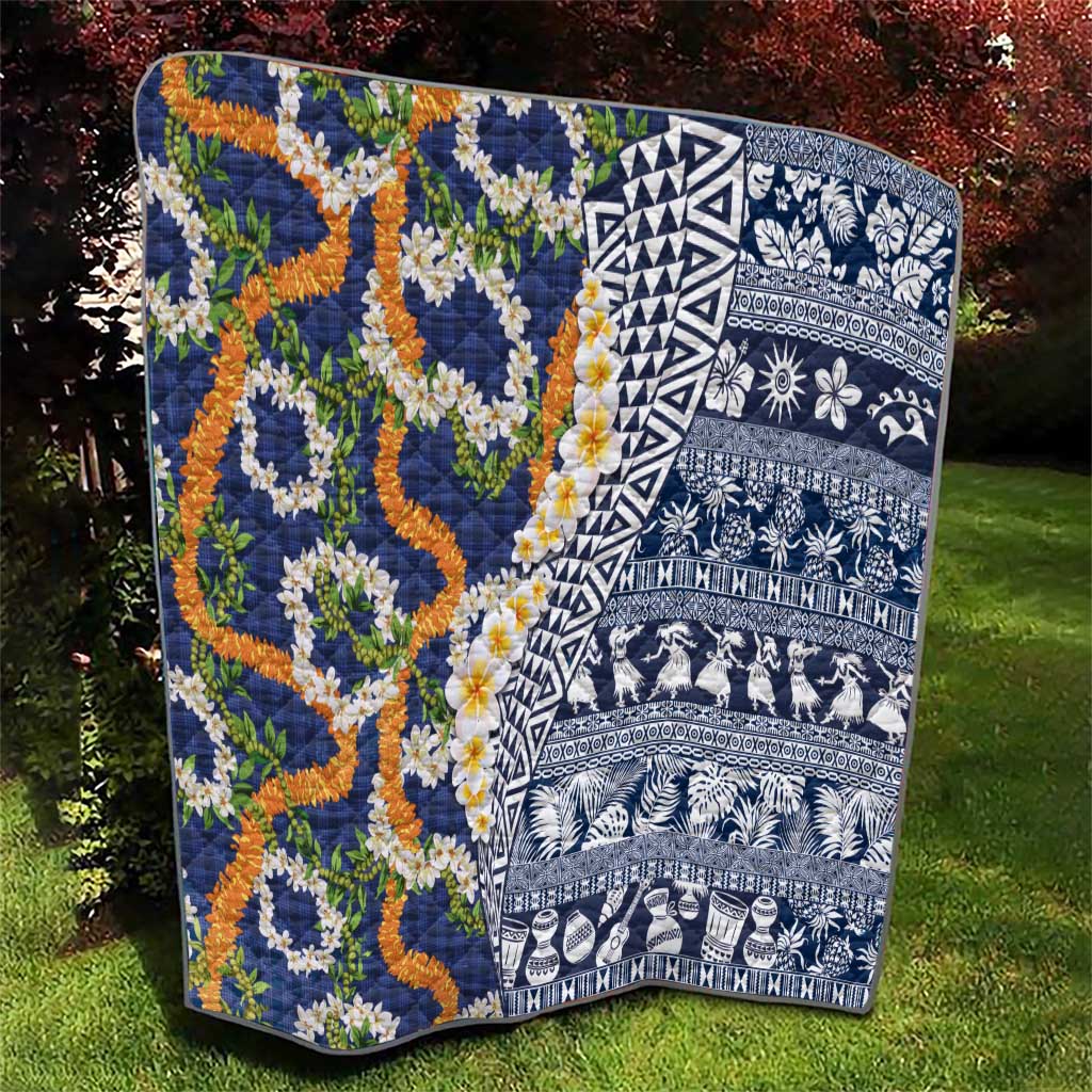 Hawaiian Plumeria Lei Quilt Kakau Motifs and Palaka Half Style Blue Color - Polynesian Pride