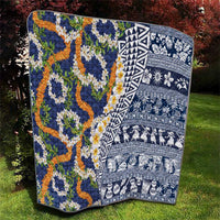 Hawaiian Plumeria Lei Quilt Kakau Motifs and Palaka Half Style Blue Color - Polynesian Pride