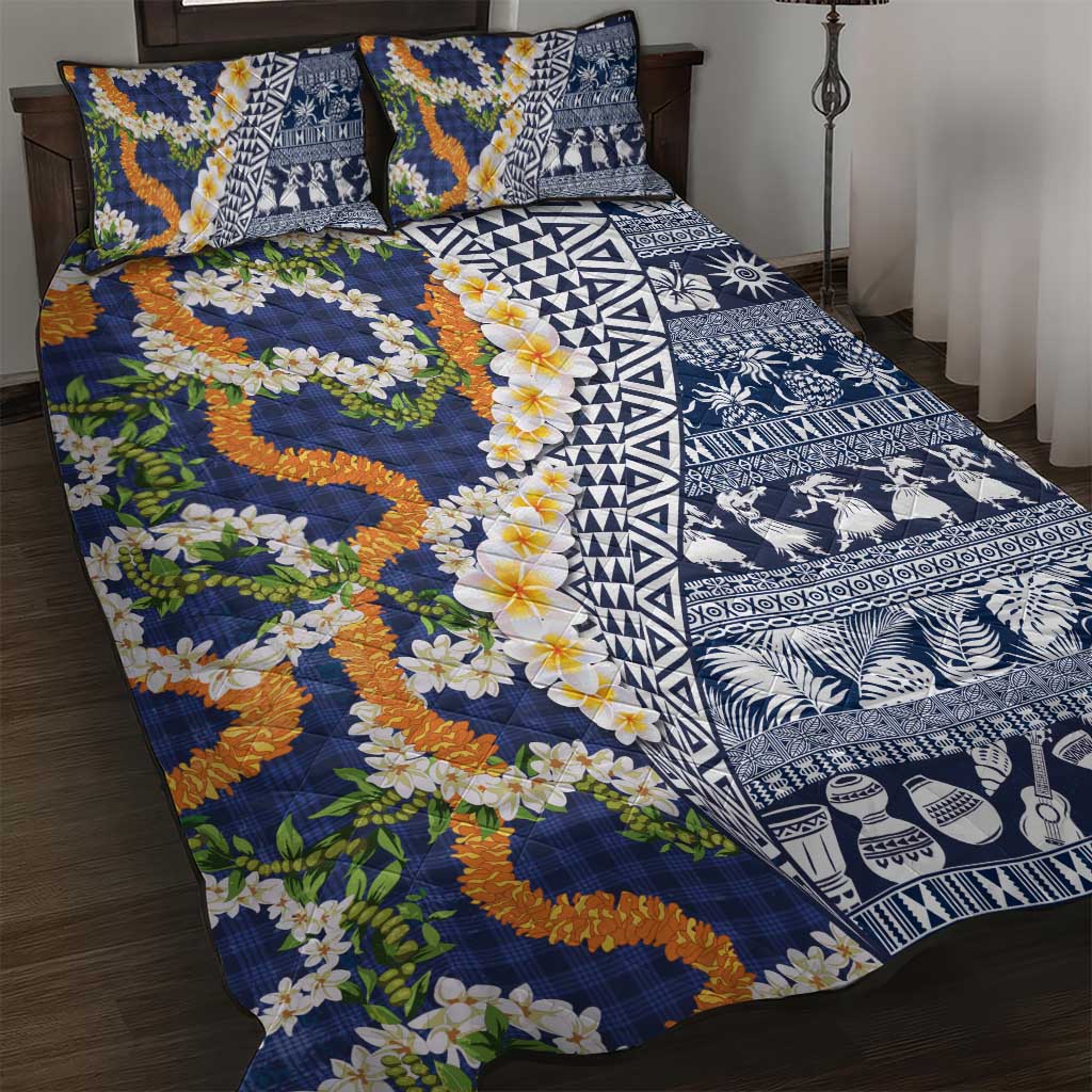Hawaiian Plumeria Lei Quilt Bed Set Kakau Motifs and Palaka Half Style Blue Color - Polynesian Pride