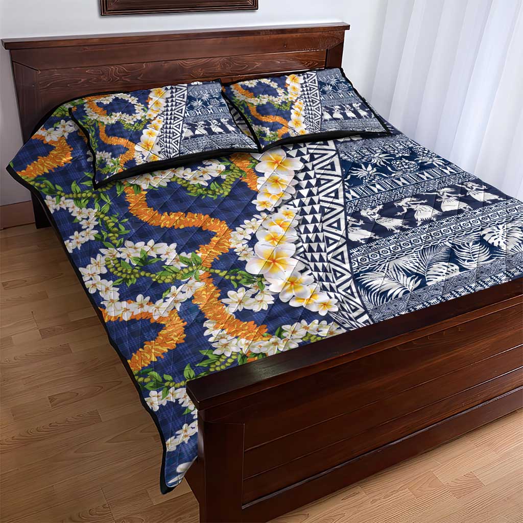 Hawaiian Plumeria Lei Quilt Bed Set Kakau Motifs and Palaka Half Style Blue Color - Polynesian Pride