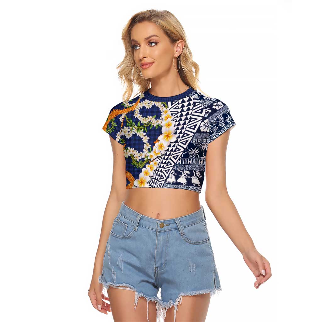 Hawaiian Plumeria Lei Raglan Cropped T Shirt Kakau Motifs and Palaka Half Style Blue Color - Polynesian Pride