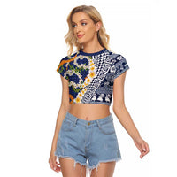 Hawaiian Plumeria Lei Raglan Cropped T Shirt Kakau Motifs and Palaka Half Style Blue Color - Polynesian Pride