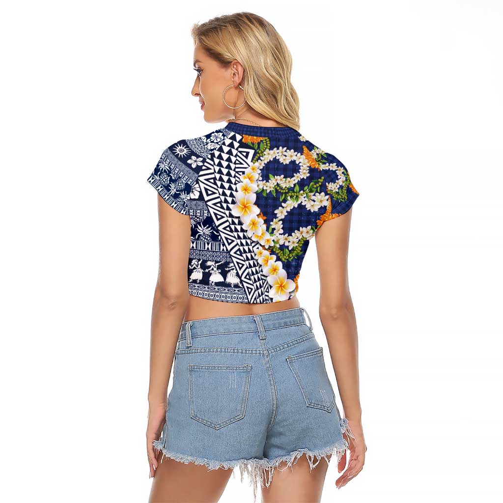 Hawaiian Plumeria Lei Raglan Cropped T Shirt Kakau Motifs and Palaka Half Style Blue Color - Polynesian Pride