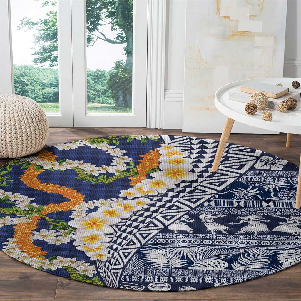 Hawaiian Plumeria Lei Round Carpet Kakau Motifs and Palaka Half Style Blue Color - Polynesian Pride