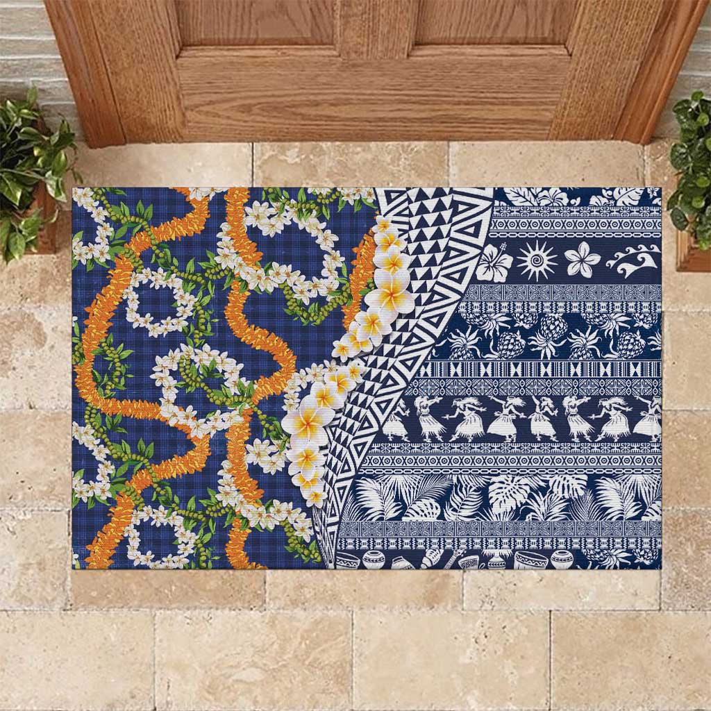 Hawaiian Plumeria Lei Rubber Doormat Kakau Motifs and Palaka Half Style Blue Color - Polynesian Pride