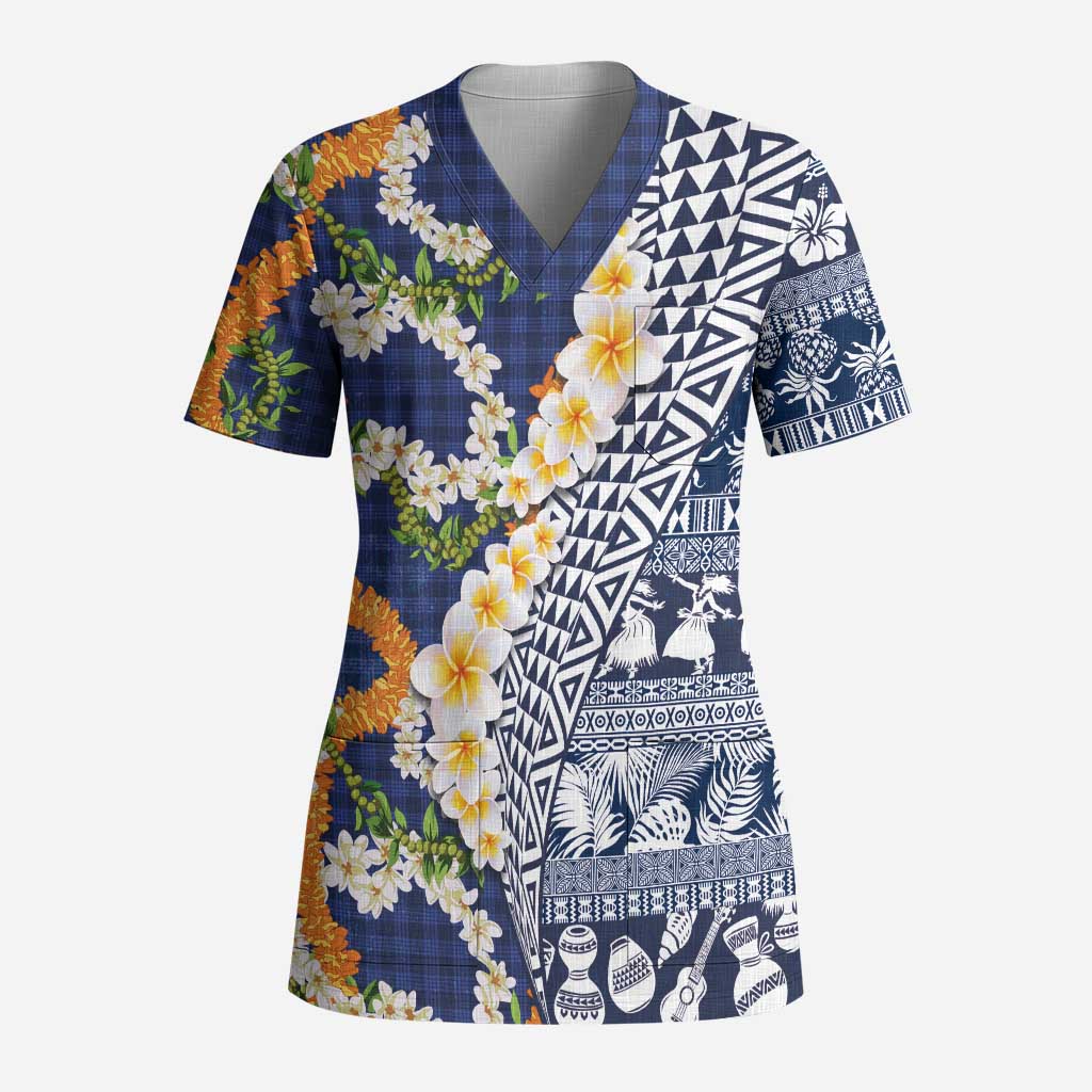 Hawaiian Plumeria Lei Scrub Top Kakau Motifs and Palaka Half Style Blue Color - Polynesian Pride