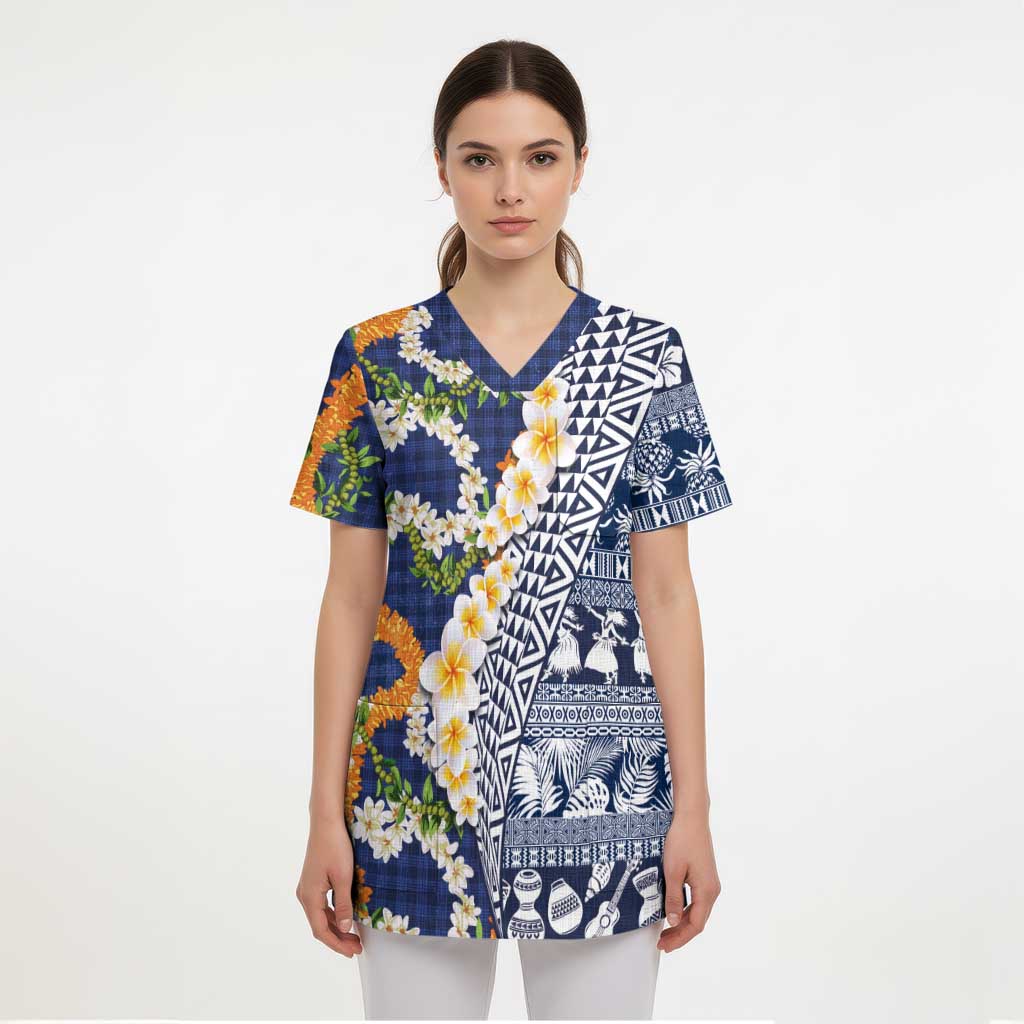Hawaiian Plumeria Lei Scrub Top Kakau Motifs and Palaka Half Style Blue Color - Polynesian Pride