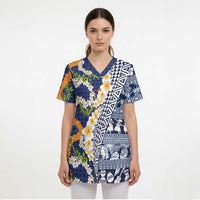 Hawaiian Plumeria Lei Scrub Top Kakau Motifs and Palaka Half Style Blue Color - Polynesian Pride