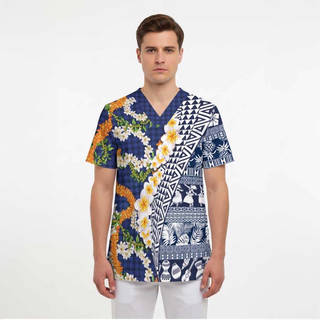 Hawaiian Plumeria Lei Scrub Top Kakau Motifs and Palaka Half Style Blue Color - Polynesian Pride