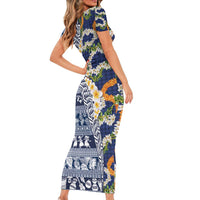 Hawaiian Plumeria Lei Short Sleeve Bodycon Dress Kakau Motifs and Palaka Half Style Blue Color - Polynesian Pride