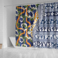 Hawaiian Plumeria Lei Shower Curtain Kakau Motifs and Palaka Half Style Blue Color - Polynesian Pride