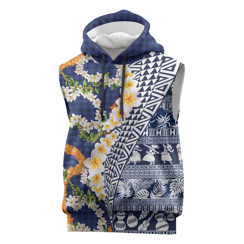 Hawaiian Plumeria Lei Sleeveless Hoodie Kakau Motifs and Palaka Half Style Blue Color - Polynesian Pride