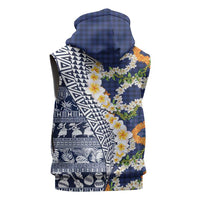 Hawaiian Plumeria Lei Sleeveless Hoodie Kakau Motifs and Palaka Half Style Blue Color - Polynesian Pride