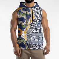 Hawaiian Plumeria Lei Sleeveless Hoodie Kakau Motifs and Palaka Half Style Blue Color - Polynesian Pride