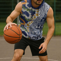 Hawaiian Plumeria Lei Sleeveless Hoodie Kakau Motifs and Palaka Half Style Blue Color - Polynesian Pride