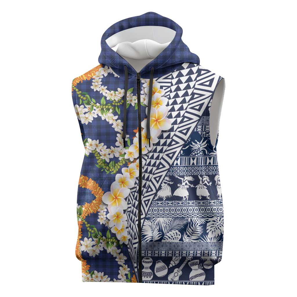 Hawaiian Plumeria Lei Sleeveless Zip Hoodie Kakau Motifs and Palaka Half Style Blue Color - Polynesian Pride