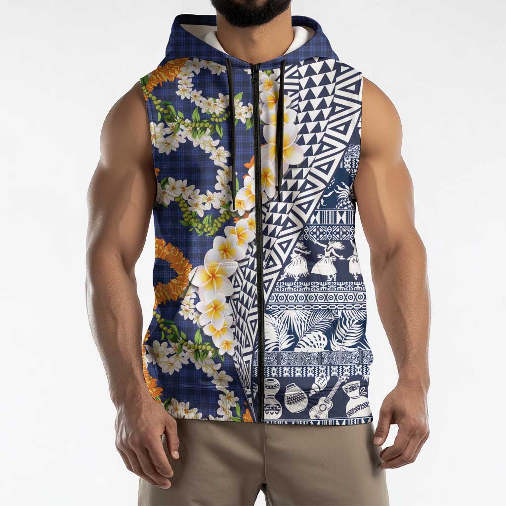 Hawaiian Plumeria Lei Sleeveless Zip Hoodie Kakau Motifs and Palaka Half Style Blue Color - Polynesian Pride