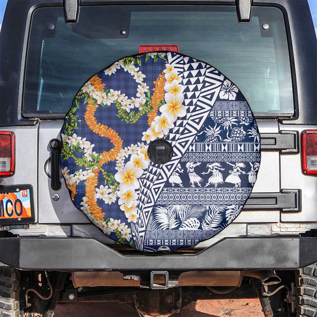 Hawaiian Plumeria Lei Spare Tire Cover Kakau Motifs and Palaka Half Style Blue Color - Polynesian Pride